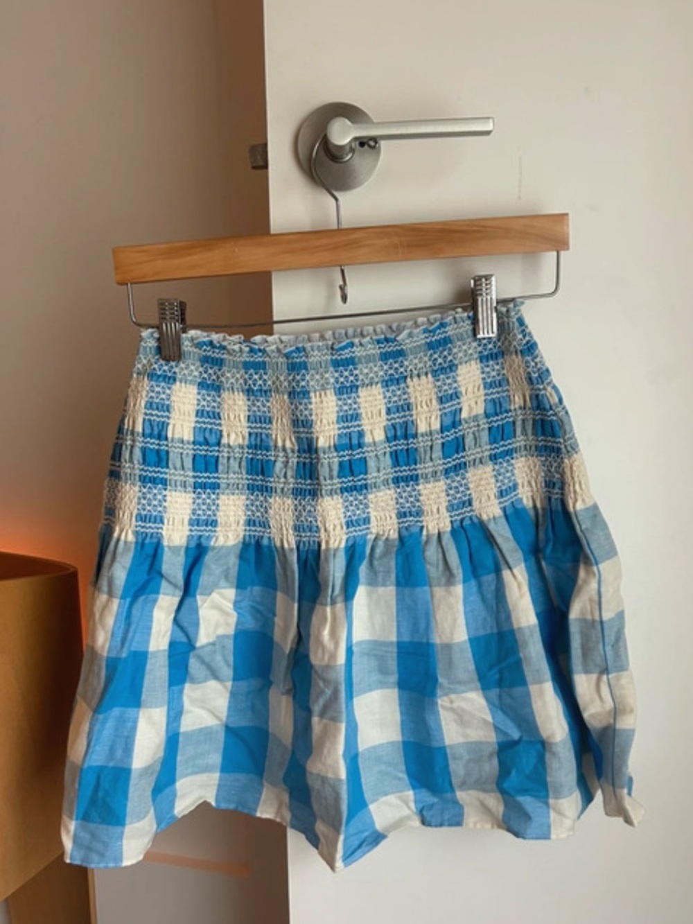 Loeffler Randall Blue and White Gingham Smocked Skirt
